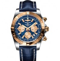 Breitling Cronomat 44 blue rosegold dial with blue leather strap watch for men